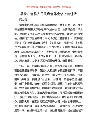 县长在全县人民政府全体会议上的讲话.docx
