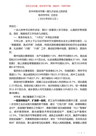 彬州市市长王宏志：在中共彬州市委一届九次全会上的讲话.doc