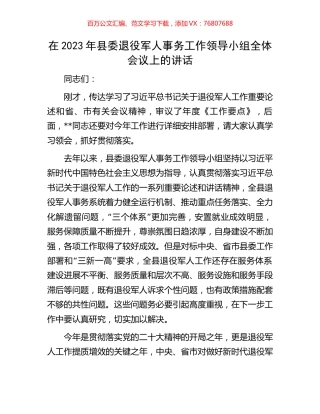在2023年县委退役军人事务工作领导小组全体会议上的讲话.docx