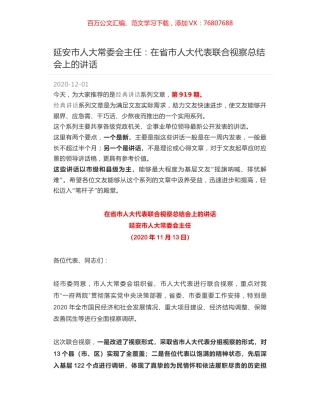 延安市人大常委会主任：在省市人大代表联合视察总结会上的讲话.docx