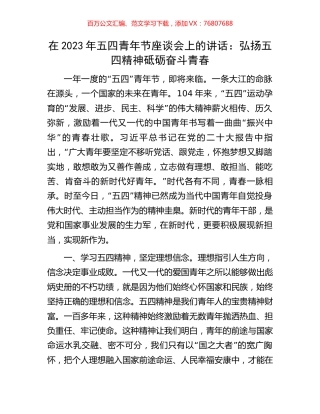 在2023年五四青年节座谈会上的讲话：弘扬五四精神砥砺奋斗青春.docx