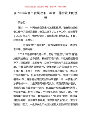 在2023年全市发展改革、粮食工作会议上的讲话.docx
