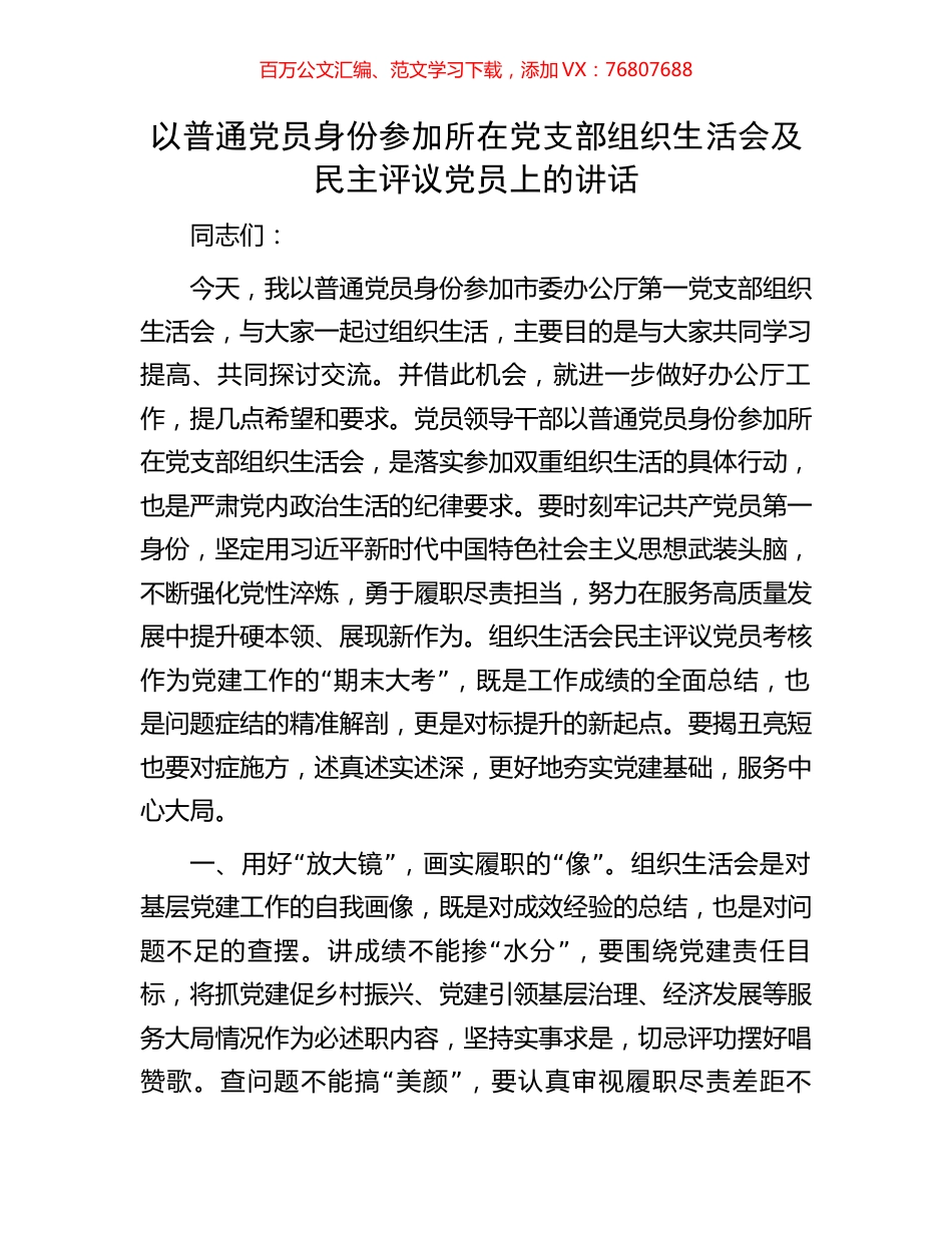 以普通党员身份参加所在党支部组织生活会及民主评议党员上的讲话.docx_第1页