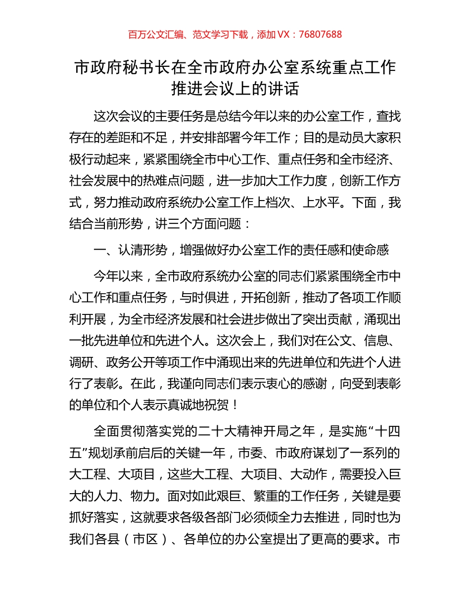 市政府秘书长在全市政府办公室系统重点工作推进会议上的讲话.docx_第1页