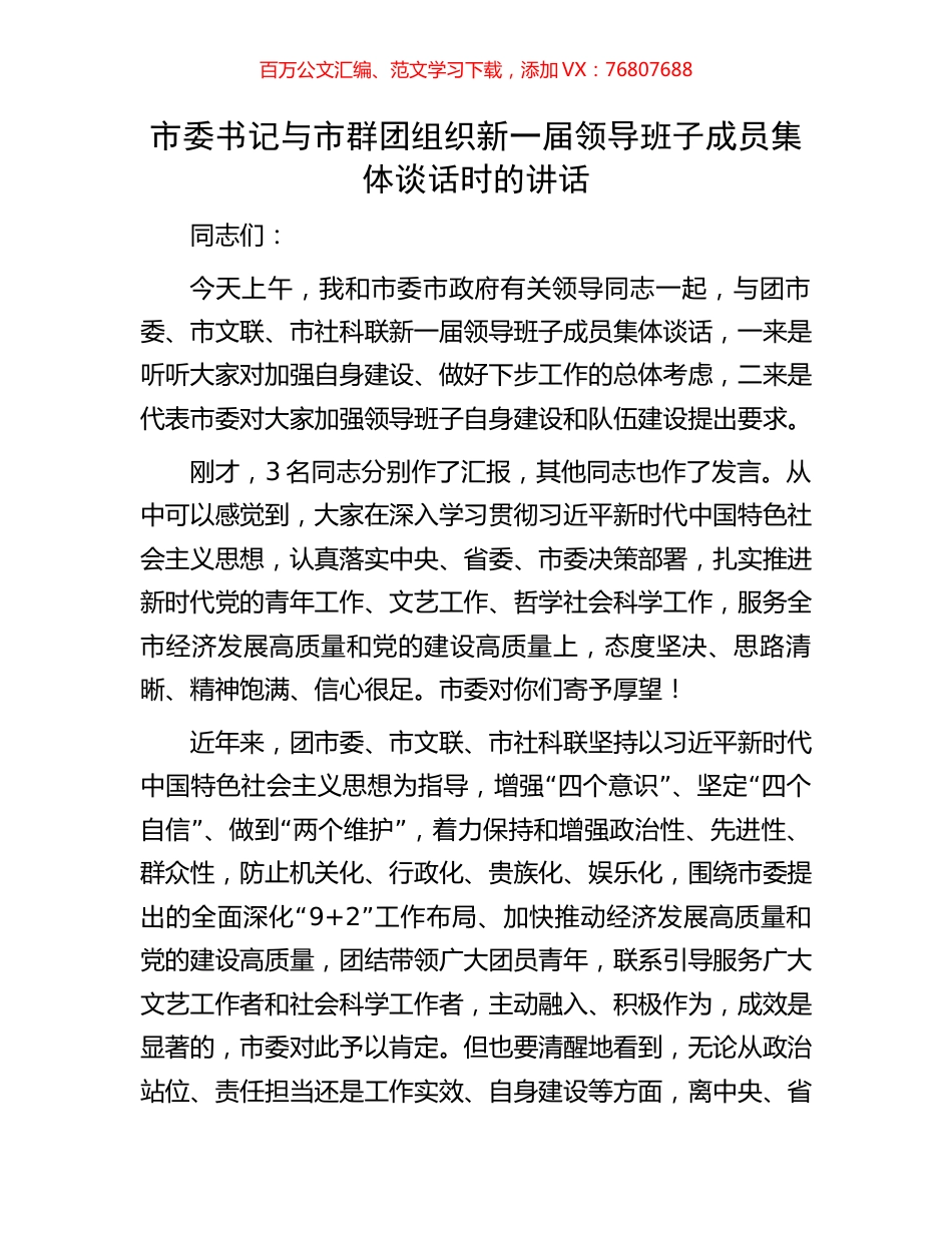 市委书记与市群团组织新一届领导班子成员集体谈话时的讲话.docx_第1页
