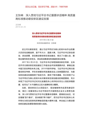 王东峰：深入贯彻习近平总书记重要讲话精神   高质量高标准推动雄安新区建设发展.docx