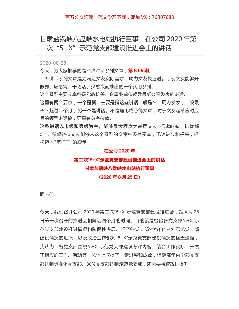 甘肃盐锅峡八盘峡水电站执行董事｜在公司2020年第二次“5+X”示范党支部建设推进会上的讲话.docx_第1页