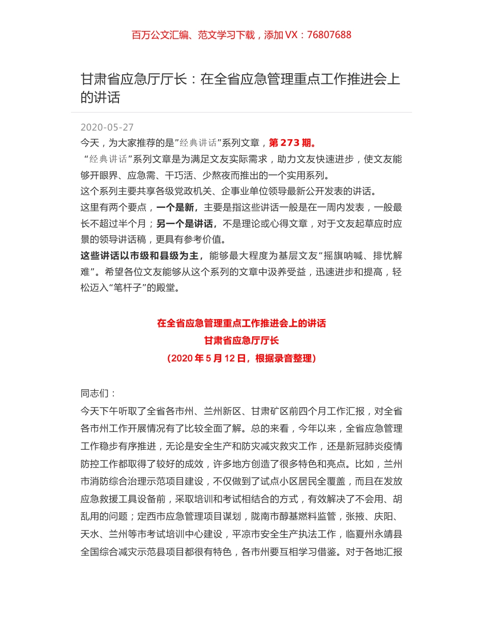 甘肃省应急厅厅长：在全省应急管理重点工作推进会上的讲话.docx_第1页
