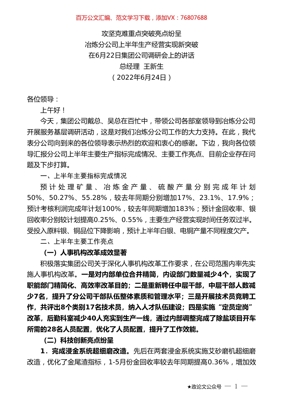 总经理王新生：在6月22日集团公司调研会上的讲话.doc_第1页