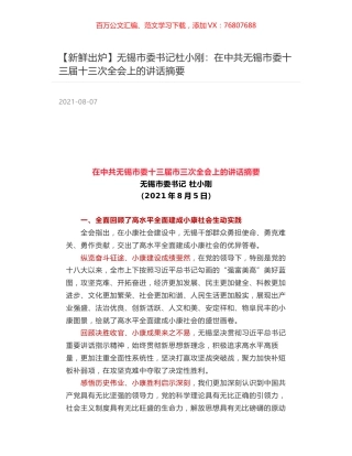 无锡市委书记杜小刚：在中共无锡市委十三届十三次全会上的讲话摘要.docx