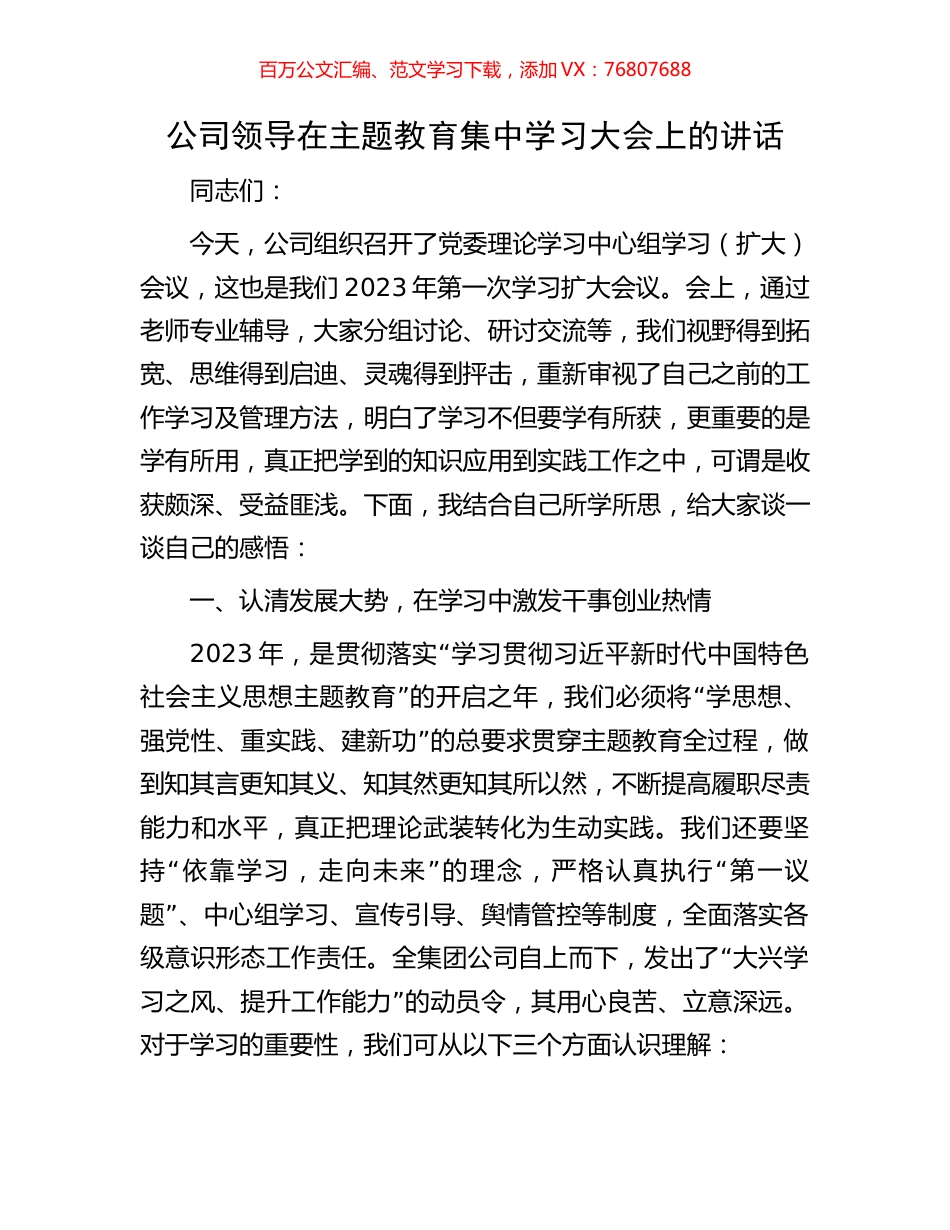 公司领导在主题教育集中学习大会上的讲话.docx_第1页