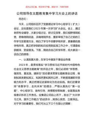 公司领导在主题教育集中学习大会上的讲话.docx