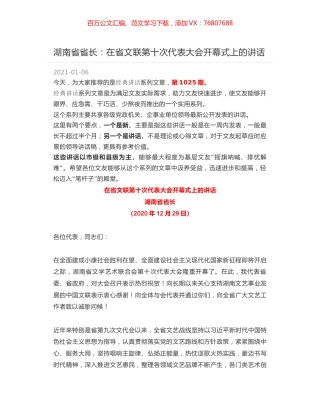 湖南省省长：在省文联第十次代表大会开幕式上的讲话.docx