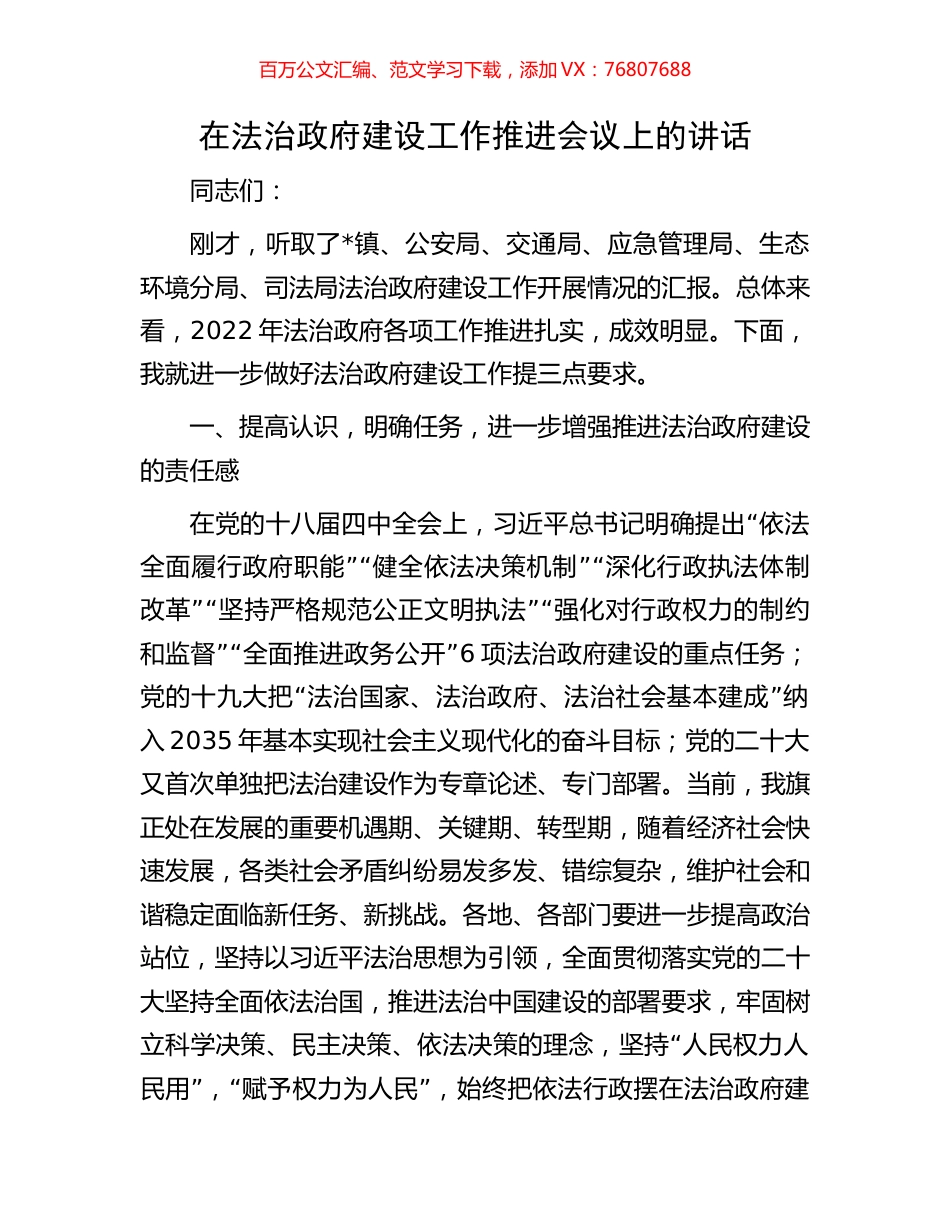 在法治政府建设工作推进会议上的讲话.docx_第1页