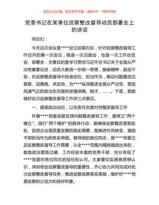 党委书记在某单位巡察整改督导动员部署会上的讲话.docx