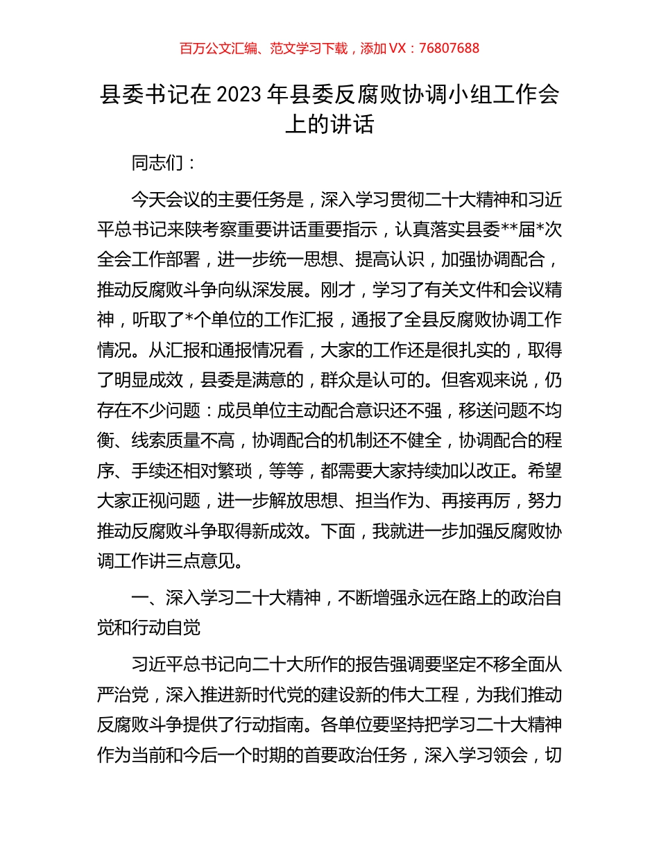 县委书记在2023年县委反腐败协调小组工作会上的讲话.docx_第1页