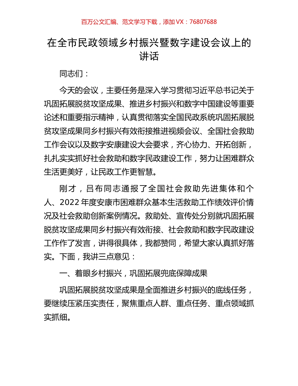 在全市民政领域乡村振兴暨数字建设会议上的讲话.docx_第1页