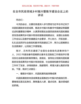 在全市民政领域乡村振兴暨数字建设会议上的讲话.docx