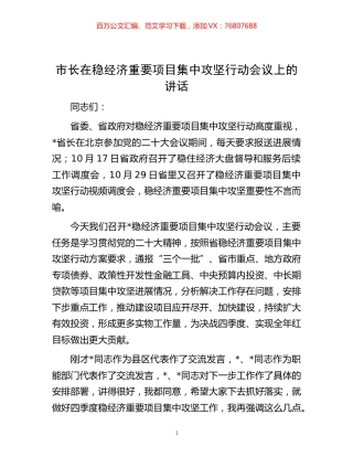 -市长在稳经济重要项目集中攻坚行动会议上的讲话.docx