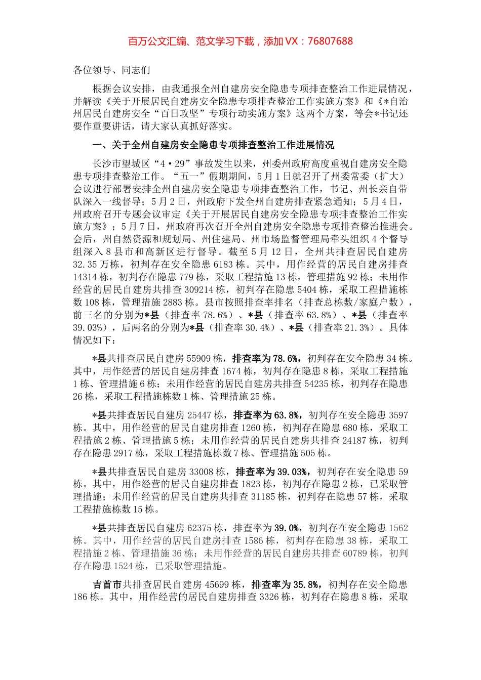 在全州自建房安全专项整治工作调度推进暨业务培训视频会上的讲话.docx_第1页