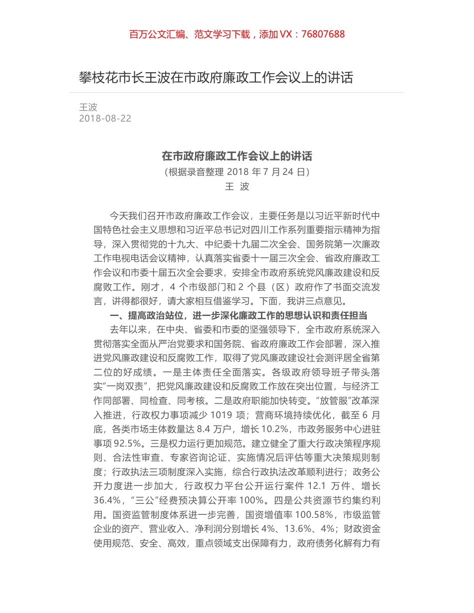攀枝花市长王波在市政府廉政工作会议上的讲话.docx_第1页