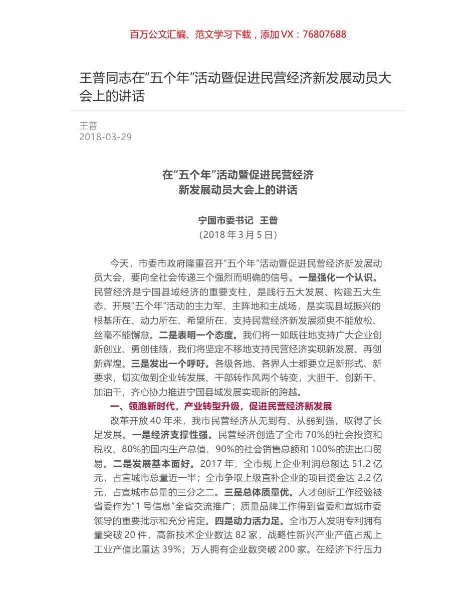 王普同志在“五个年”活动暨促进民营经济新发展动员大会上的讲话.docx_第1页