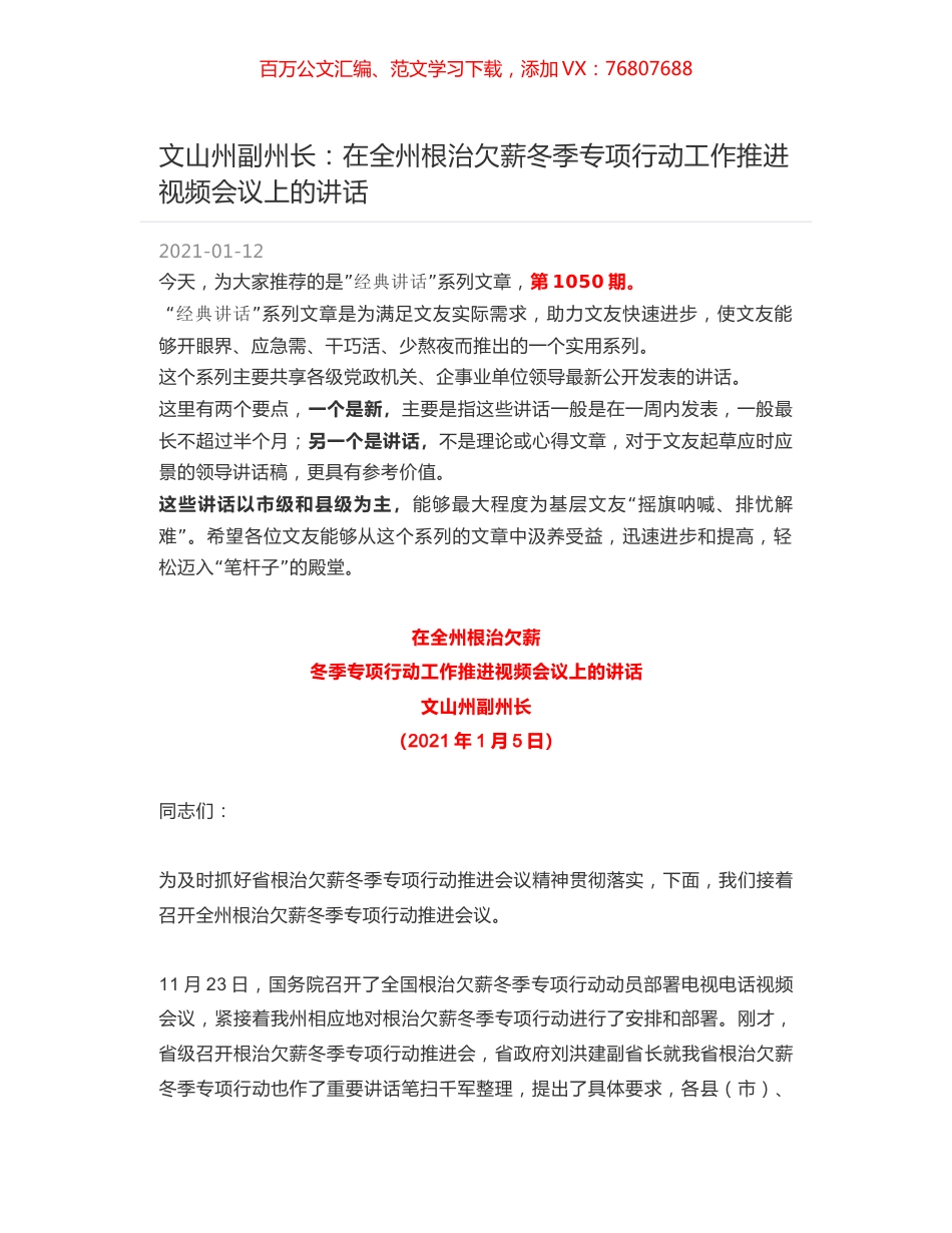 文山州副州长：在全州根治欠薪冬季专项行动工作推进视频会议上的讲话.docx_第1页