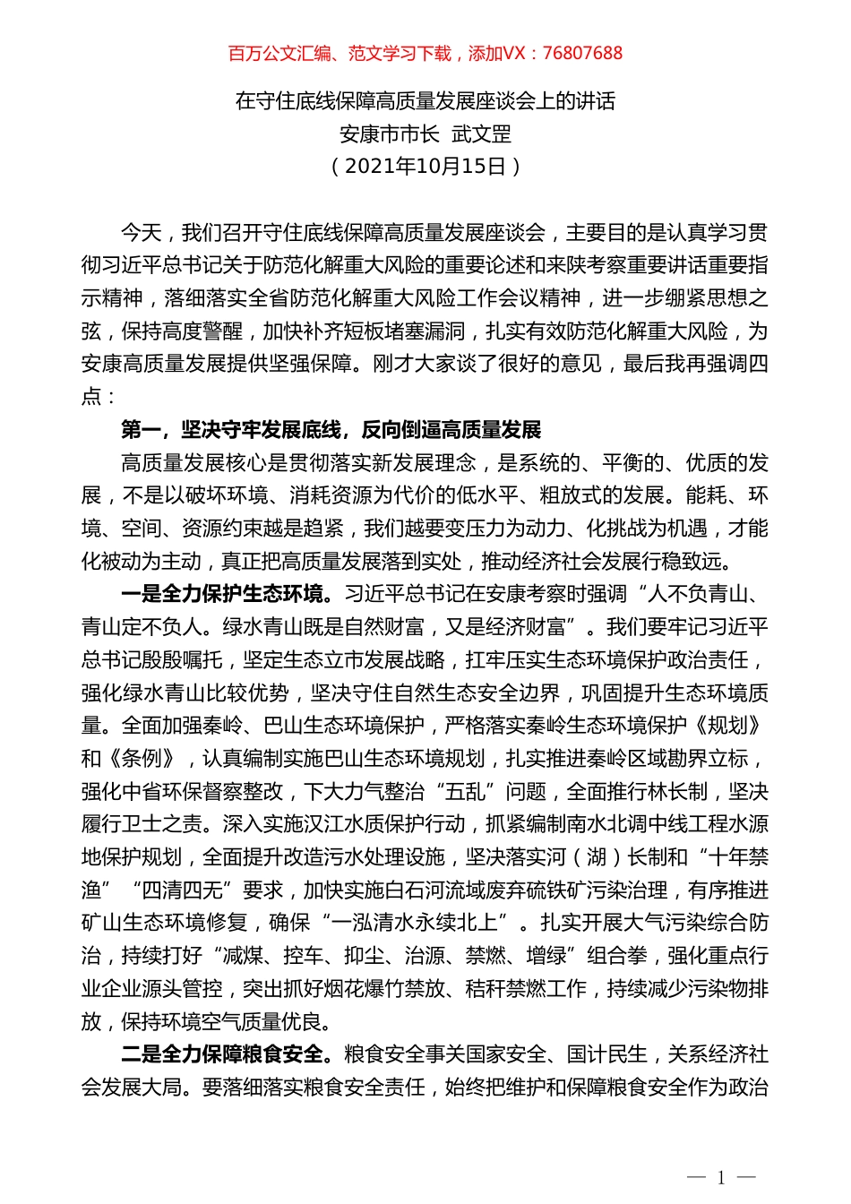 安康市市长武文罡：在守住底线保障高质量发展座谈会上的讲话.doc_第1页
