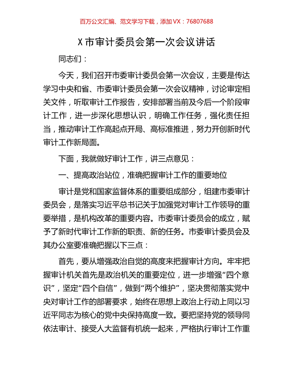 X市审计委员会第一次会议讲话.docx_第1页