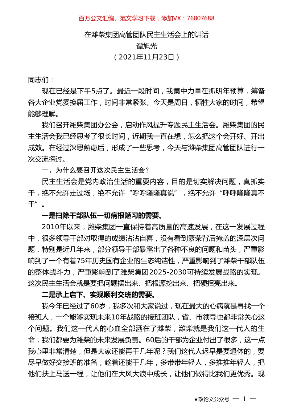 谭旭光：在潍柴集团高管团队民主生活会上的讲话.doc_第1页