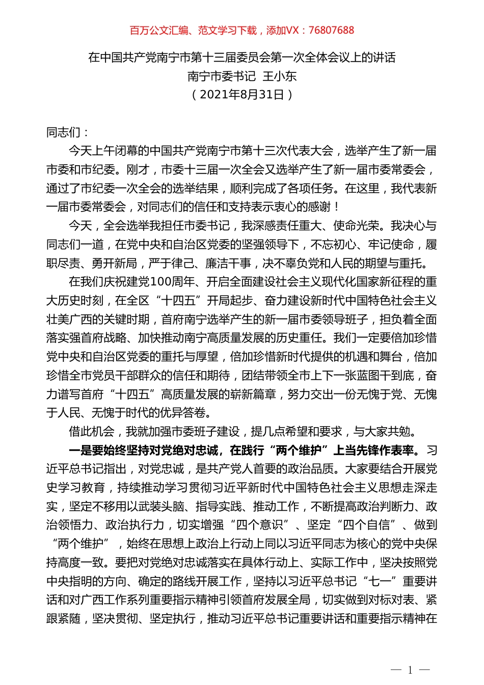 南宁市委书记王小东：在中国共产党南宁市第十三届委员会第一次全体会议上的讲话.doc_第1页