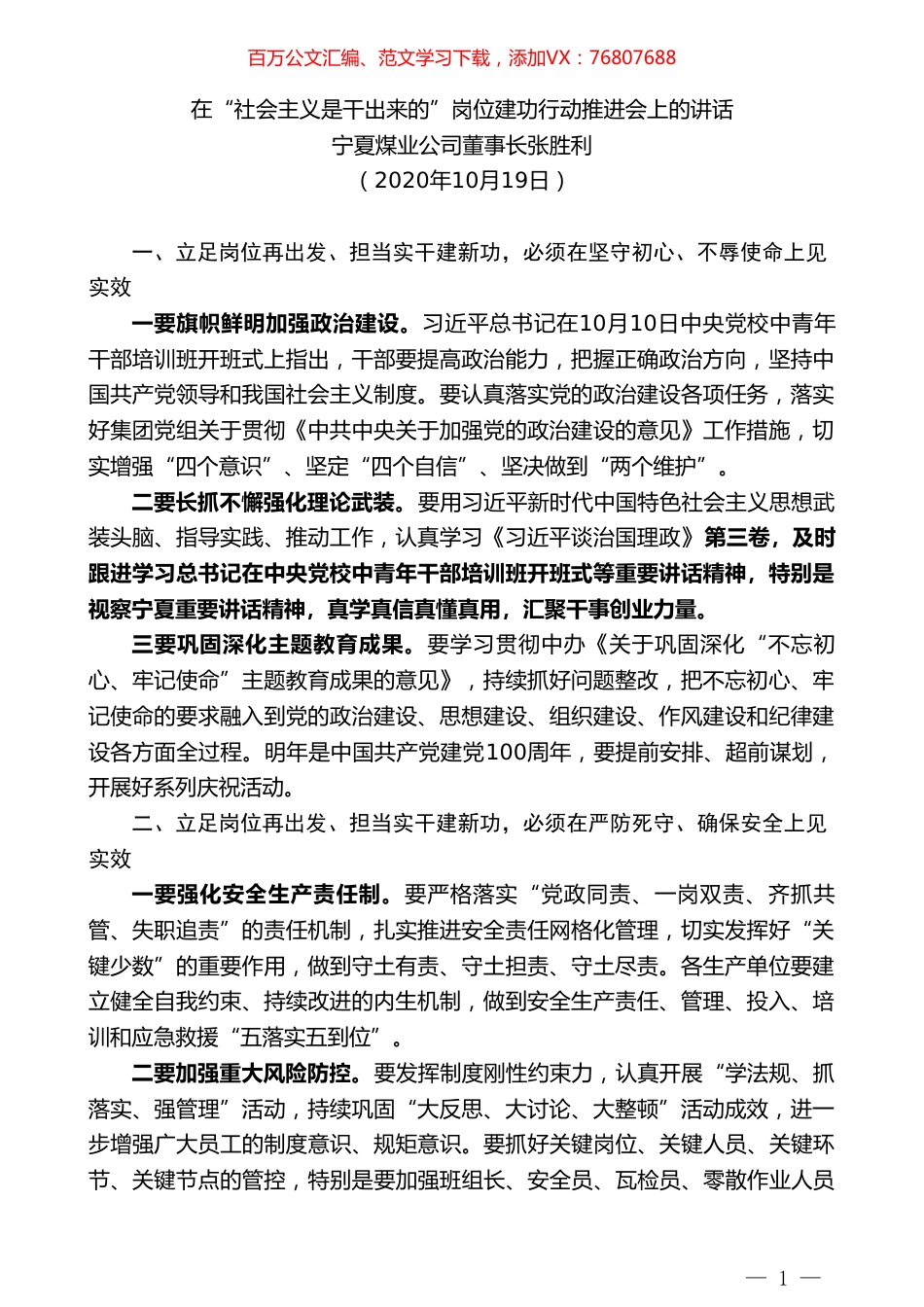 宁夏煤业公司董事长张胜利：在“社会主义是干出来的”岗位建功行动推进会上的讲话.doc_第1页