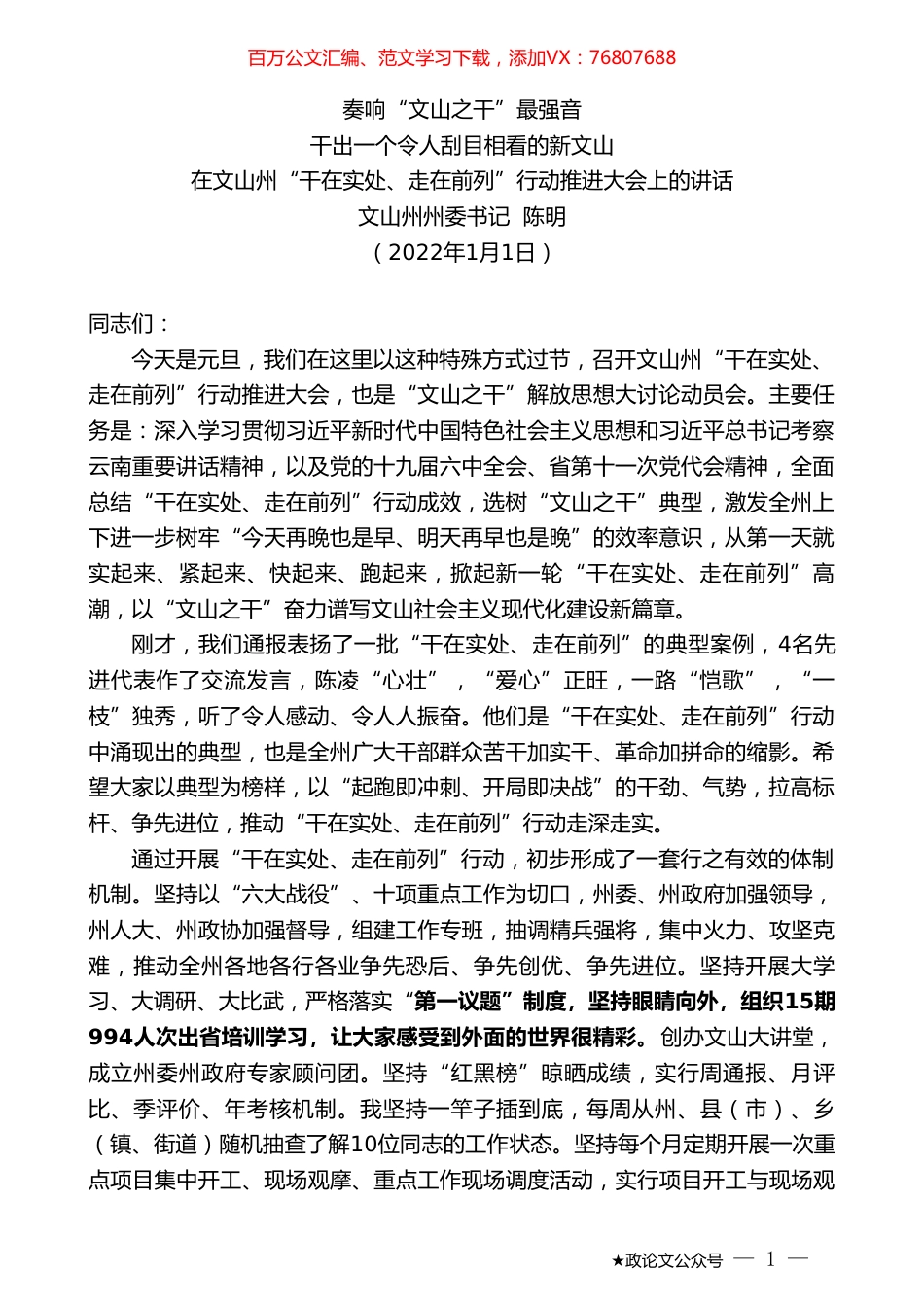 文山州州委书记陈明：在文山州“干在实处、走在前列”行动推进大会上的讲话.doc_第1页