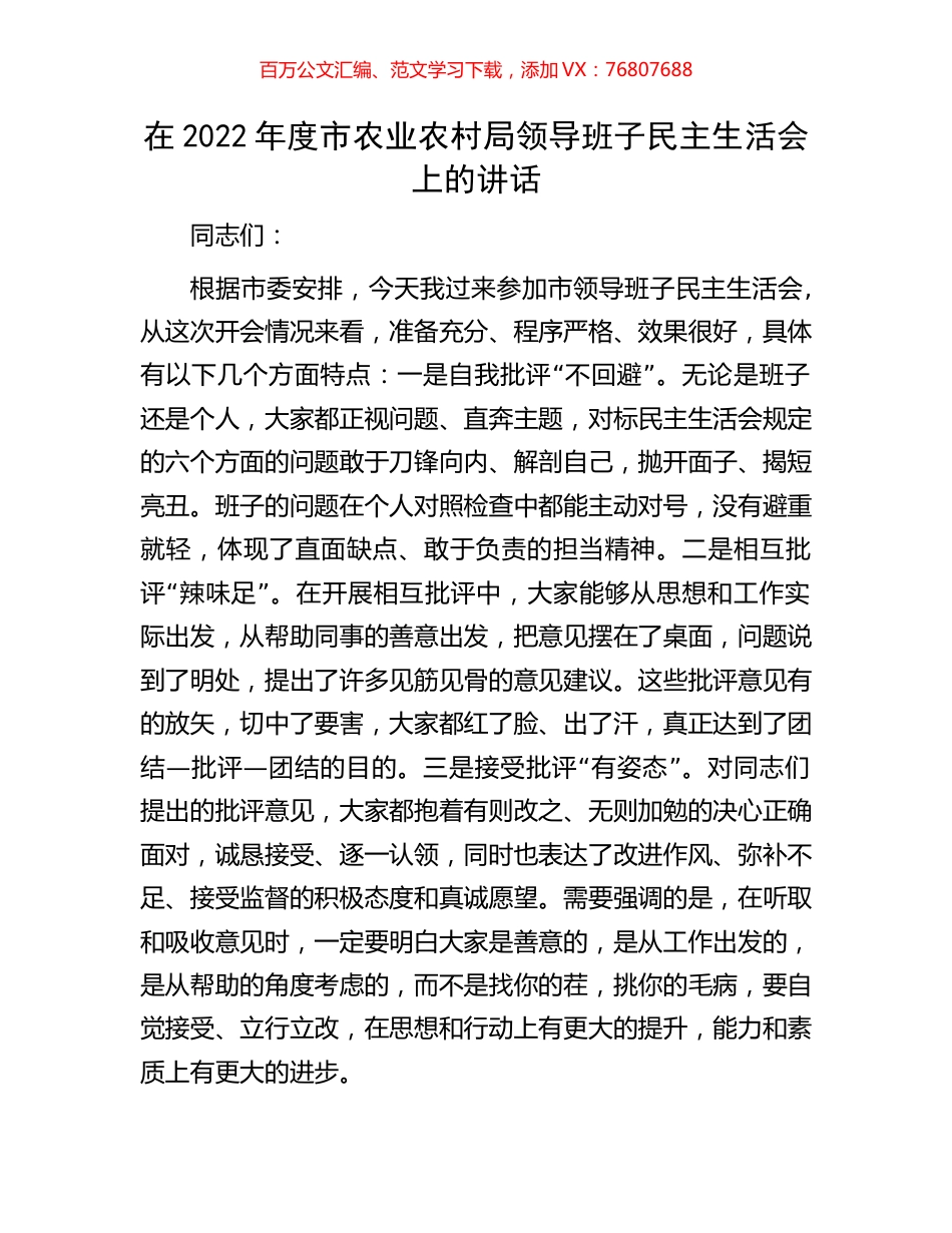 在2022年度市农业农村局领导班子民主生活会上的讲话.docx_第1页