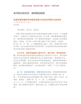 在政协第五届钦州市委员会第六次会议开幕式上的讲话.docx