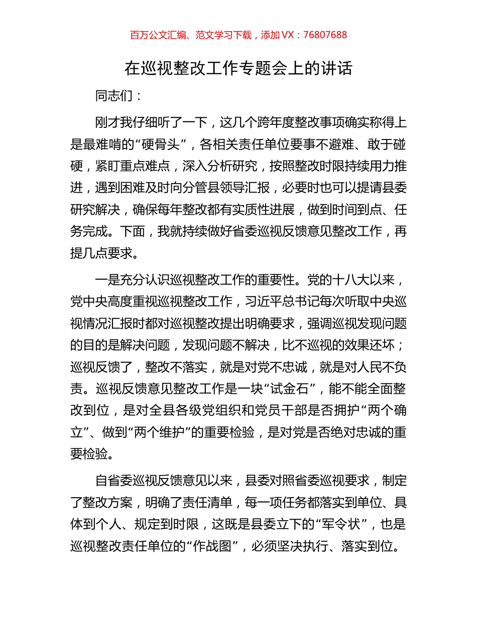 在巡视整改工作专题会上的讲话.docx_第1页