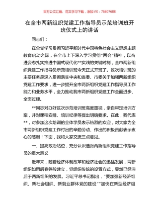 在全市两新组织党建工作指导员示范培训班开班仪式上的讲话.docx