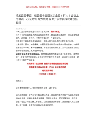 成武县委书记：在县委十三届九次全委（扩大）会议上的讲话：心无旁骛 奋力拼搏 全面开启幸福成武建设新征程.docx