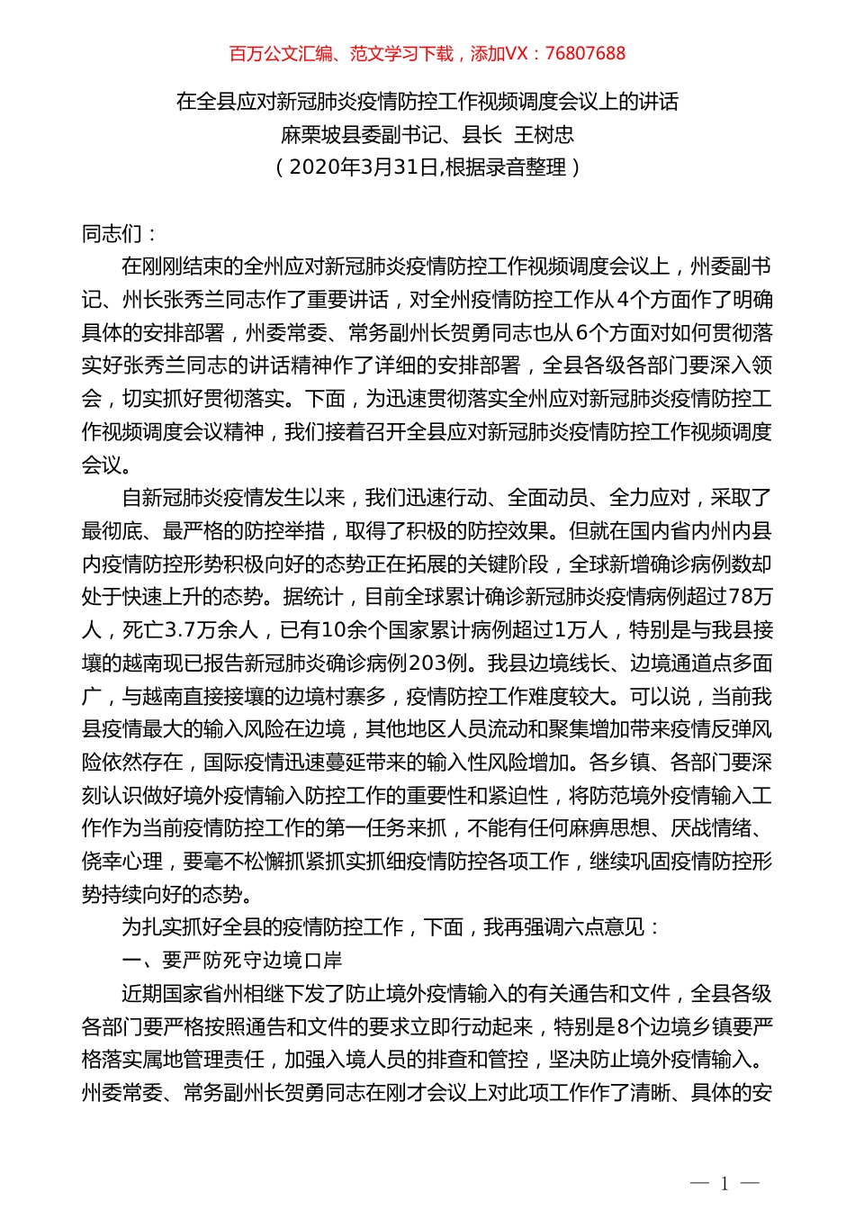 麻栗坡县县长王树忠在全县应对新冠肺炎疫情防控工作视频调度会议上的讲话.doc_第1页