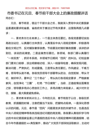 市委书记在元旦、春节前干部大会上的廉政提醒讲话.docx
