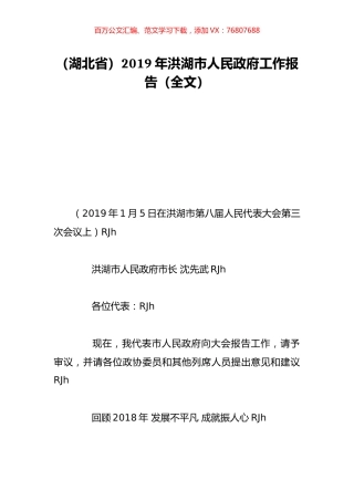 （湖北省）2019年洪湖市人民政府工作报告（全文）.doc