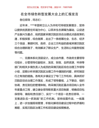 在全市绿色转型发展大会上的汇报发言.docx