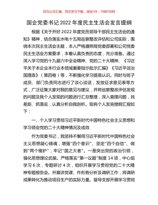 国企党委书记2022年度民主生活会发言提纲.docx