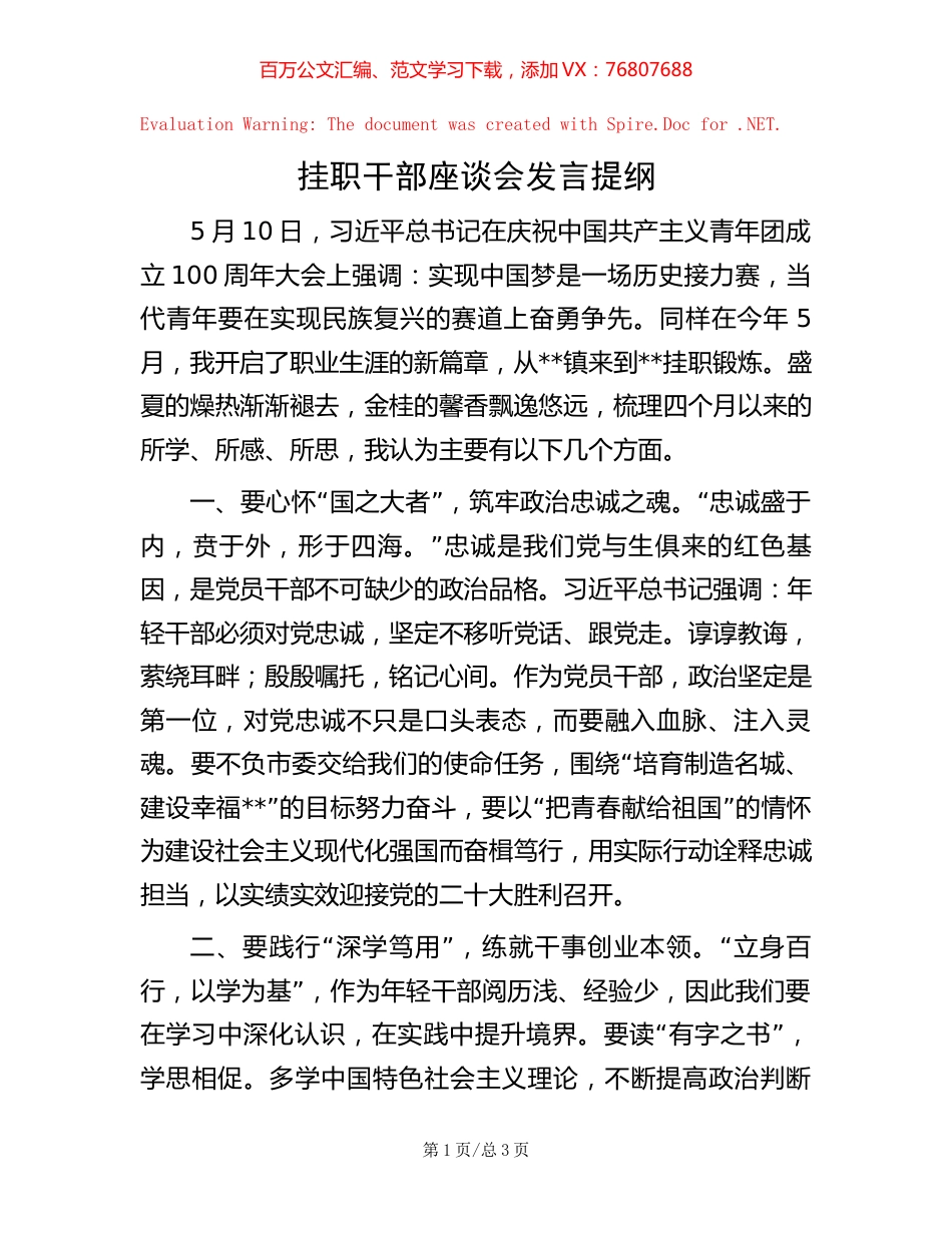 挂职干部座谈会发言提纲.docx_第1页