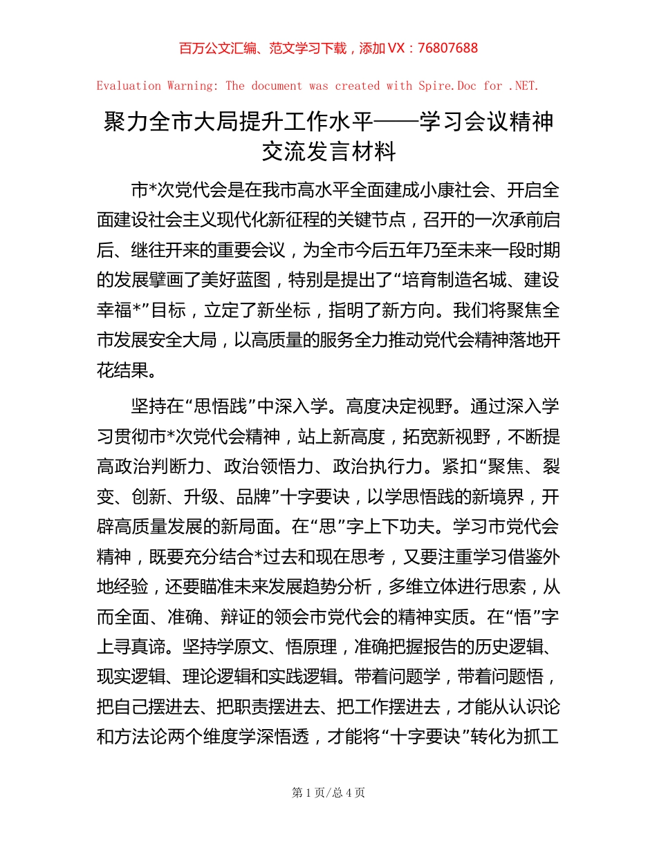 聚力全市大局 提升工作水平——学习会议精神交流发言材料.docx_第1页