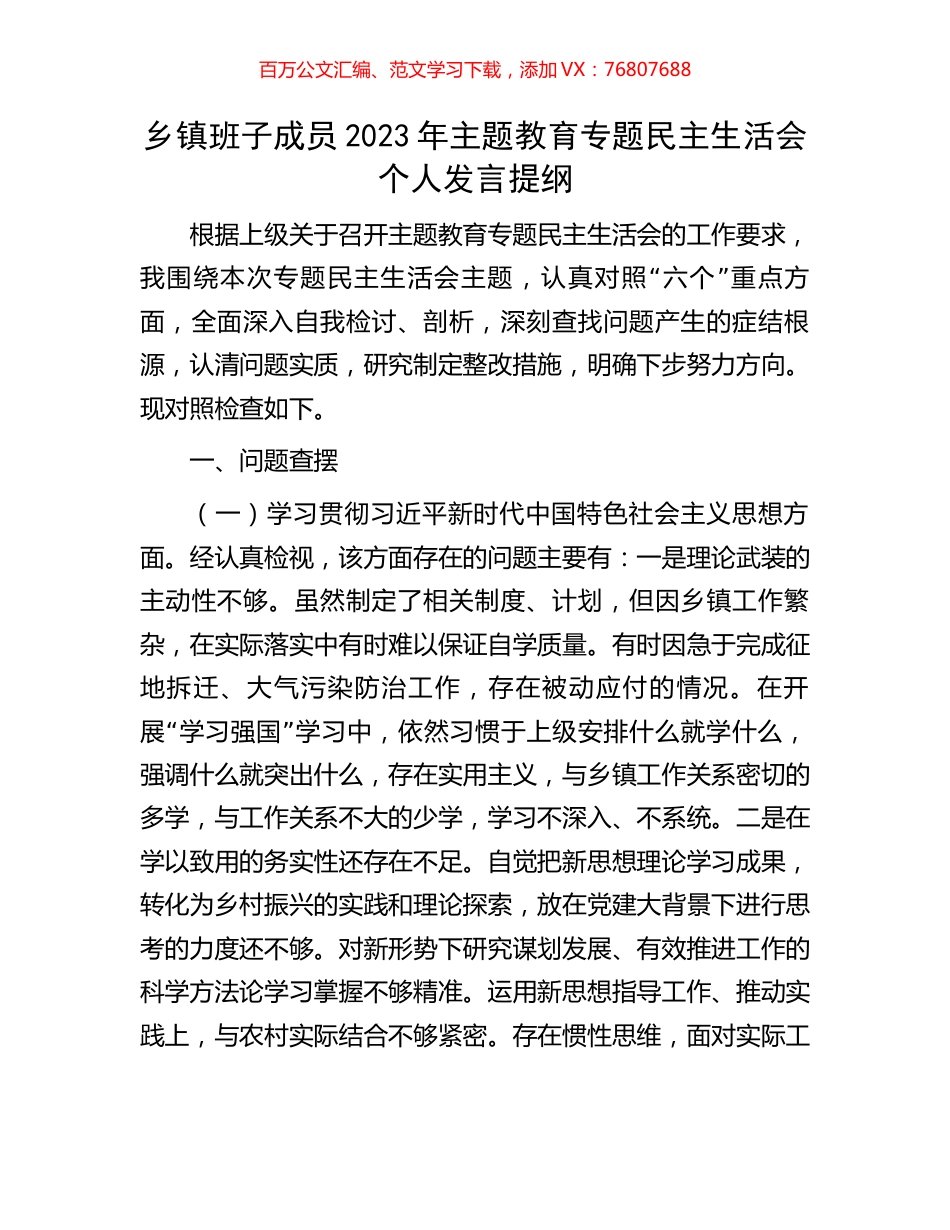 乡镇班子成员2023年主题教育专题民主生活会个人发言提纲.docx_第1页