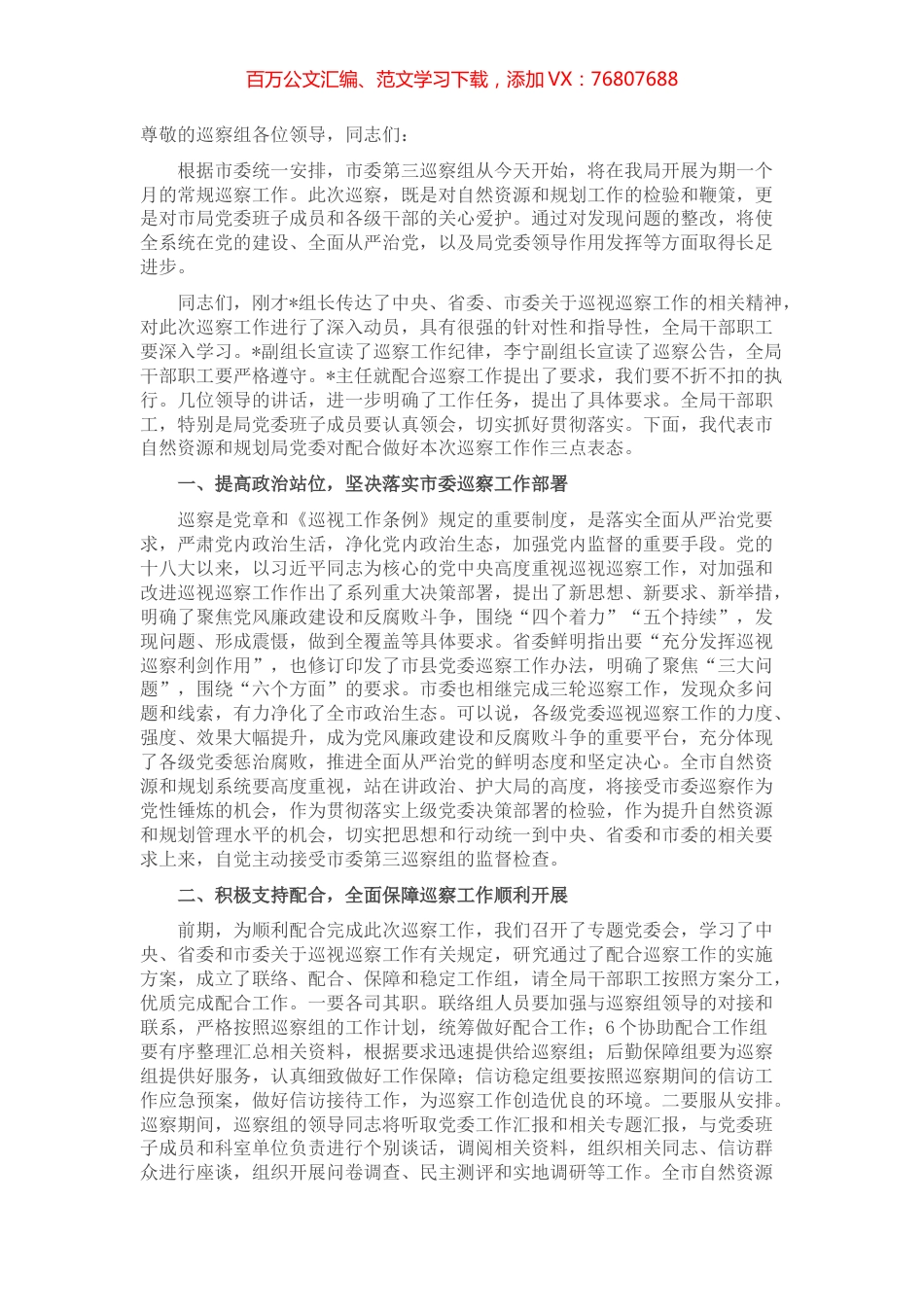 在市委第三巡察组巡察市自然资源和规划局党委工作动员会上的表态发言.docx_第1页