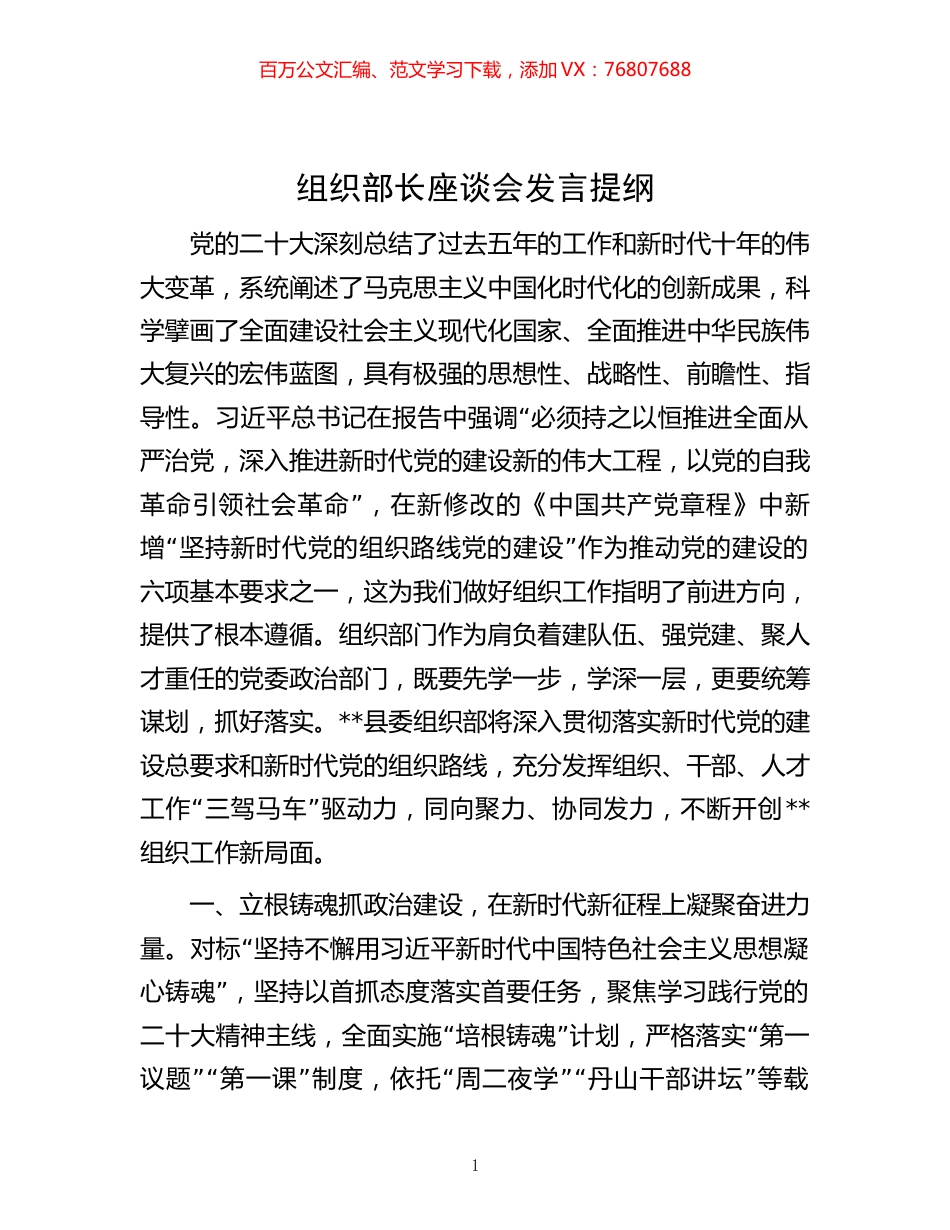 -组织部长座谈会发言提纲.docx_第1页