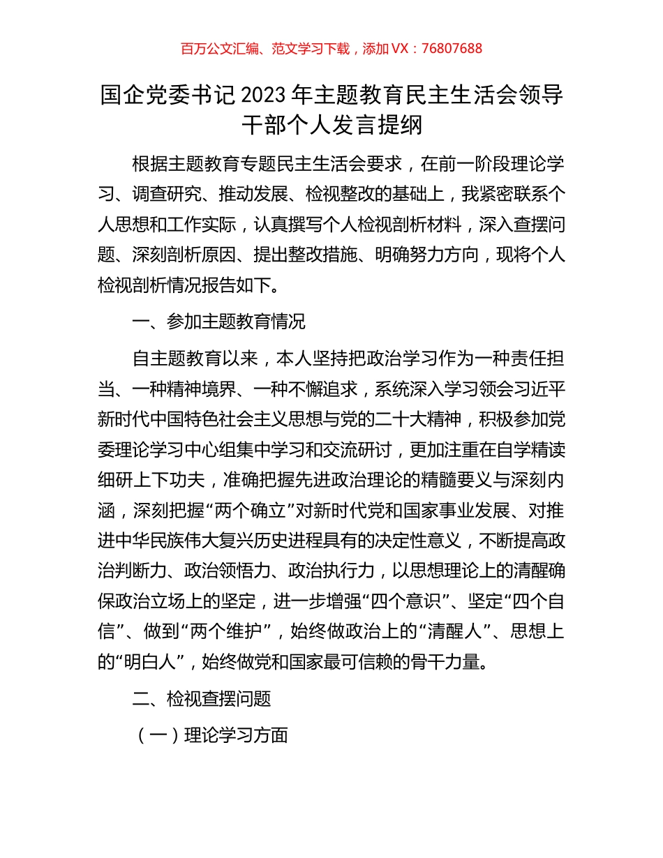 国企党委书记2023年主题教育民主生活会领导干部个人发言提纲.docx_第1页