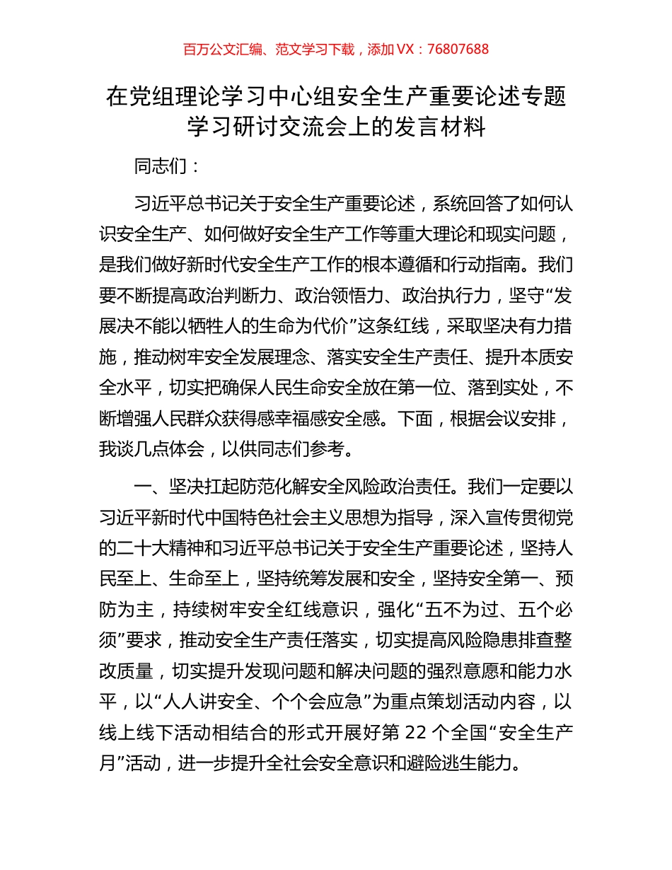 在党组理论学习中心组安全生产重要论述专题学习研讨交流会上的发言材料.docx_第1页